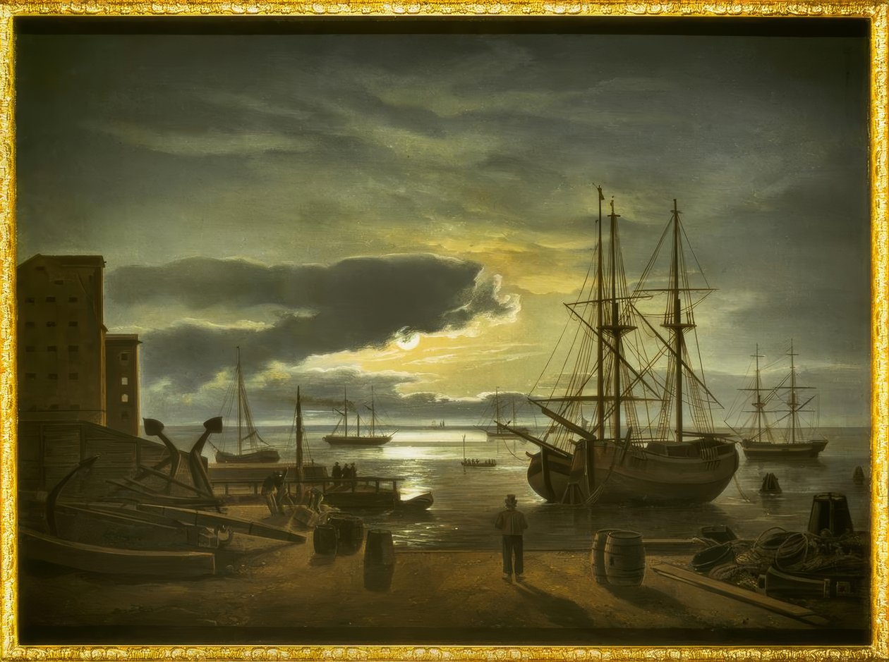Koppenhága kikötője holdfényben alkotó: Johan Christian Dahl