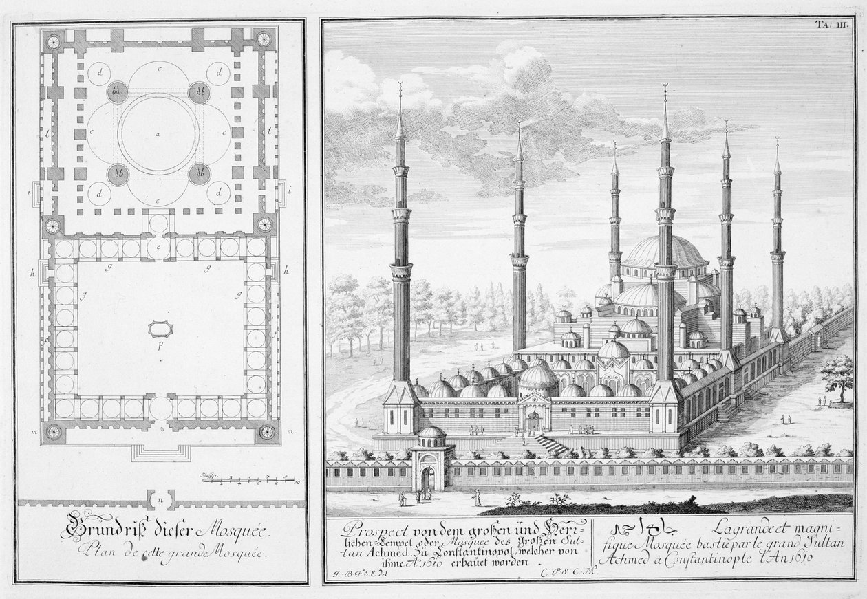 I. Ahmed szultán (1603-17), Isztambulban épült Kék mecset (1609–1616) terve és nézete a „Történelmi építészet tervrajzából”, 1721 alkotó: Johann Bernhard Fischer von Erlach