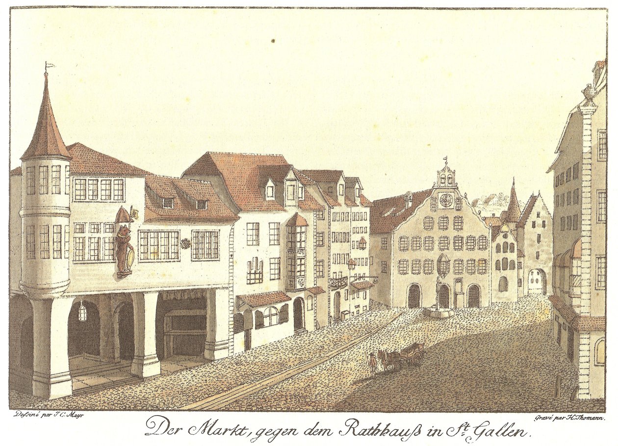 A piac a St. Gallen városháza ellen (eredeti cím) alkotó: Johann Conrad Mayr