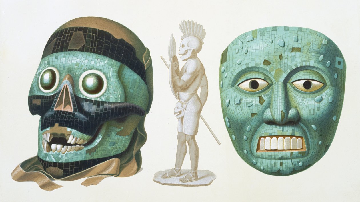 Balra: Tezcatlipoca isten koponya maszkja, jobbra: Quetzalcoatl vagy Tonatiuh istent ábrázoló maszk, 1500 körül, „Ancient Monuments of Mexico” 43. tábla, Jehenne metszet, 1866 alkotó: Johann Friedrich Maximilian von Waldeck