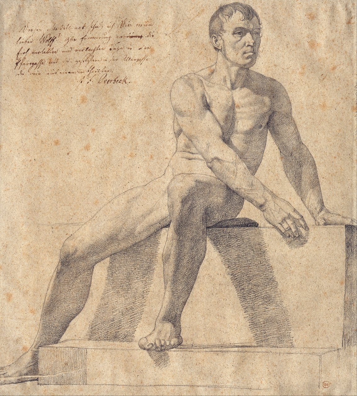 Férfi akt ül egy talapzaton alkotó: Friedrich Overbeck