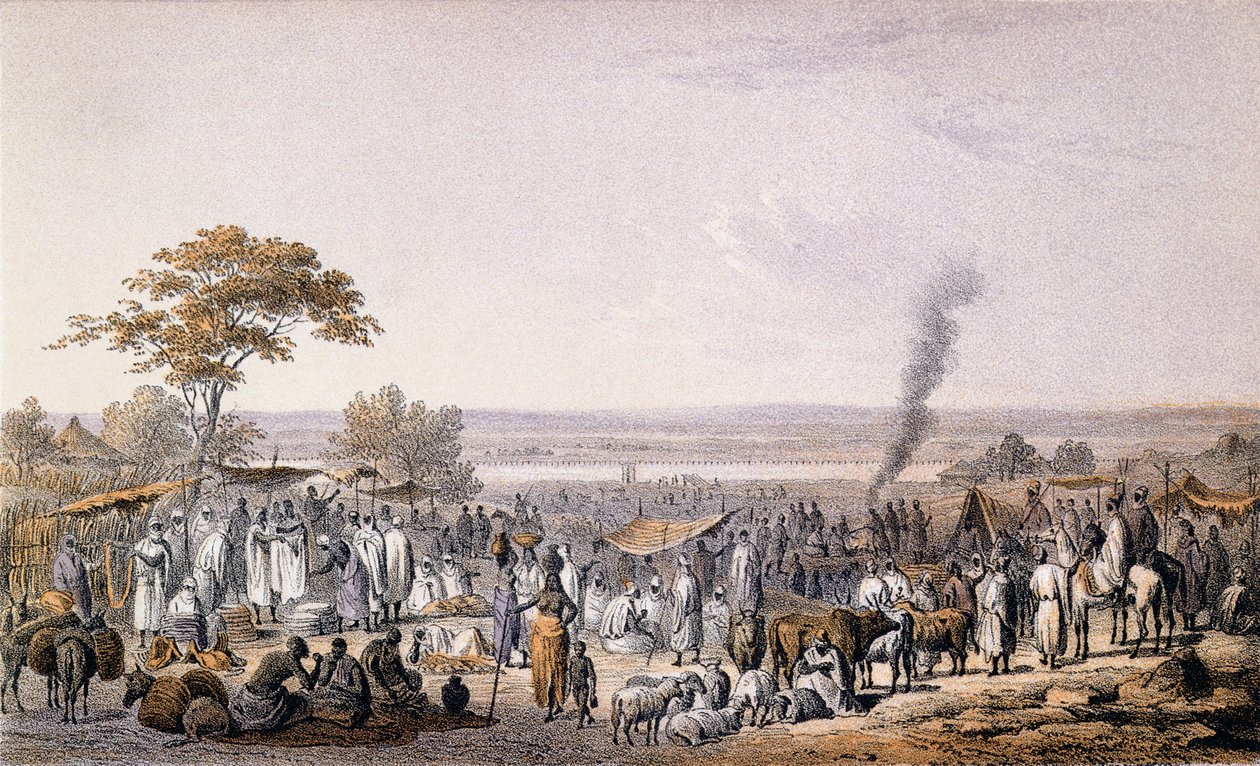 A sokotói piac 1853-ban, Heinrich Barth (1821-65) "Utazások és felfedezések Észak- és Közép-Afrikában" című művéből, Eberhard Emmenger (1808-85) metszetében, 1857-ben (színes metszet) alkotó: Johann Martin Bernatz