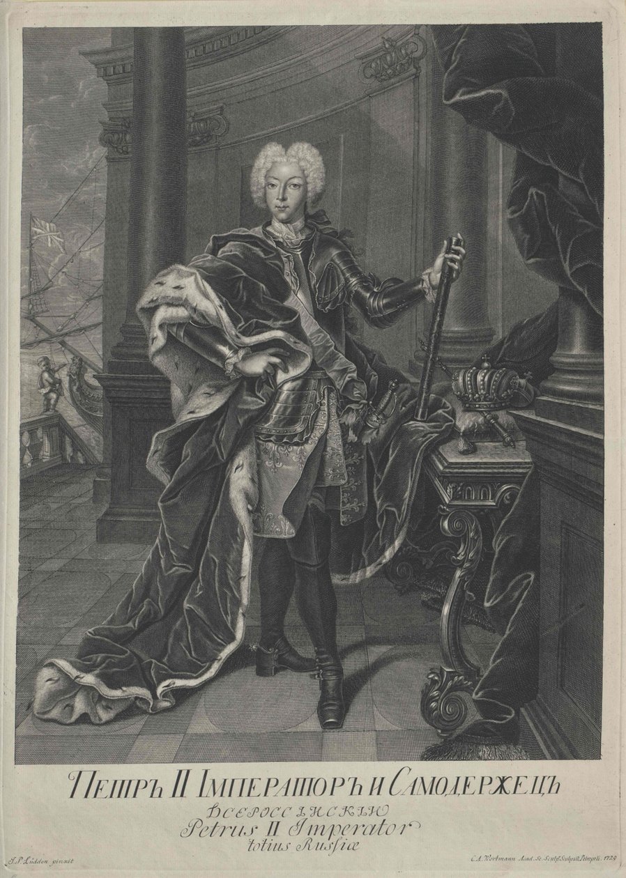 II. Péter portréja, Christian Albrecht Wortmann metszete, 1729 alkotó: Johann Paul Luedden