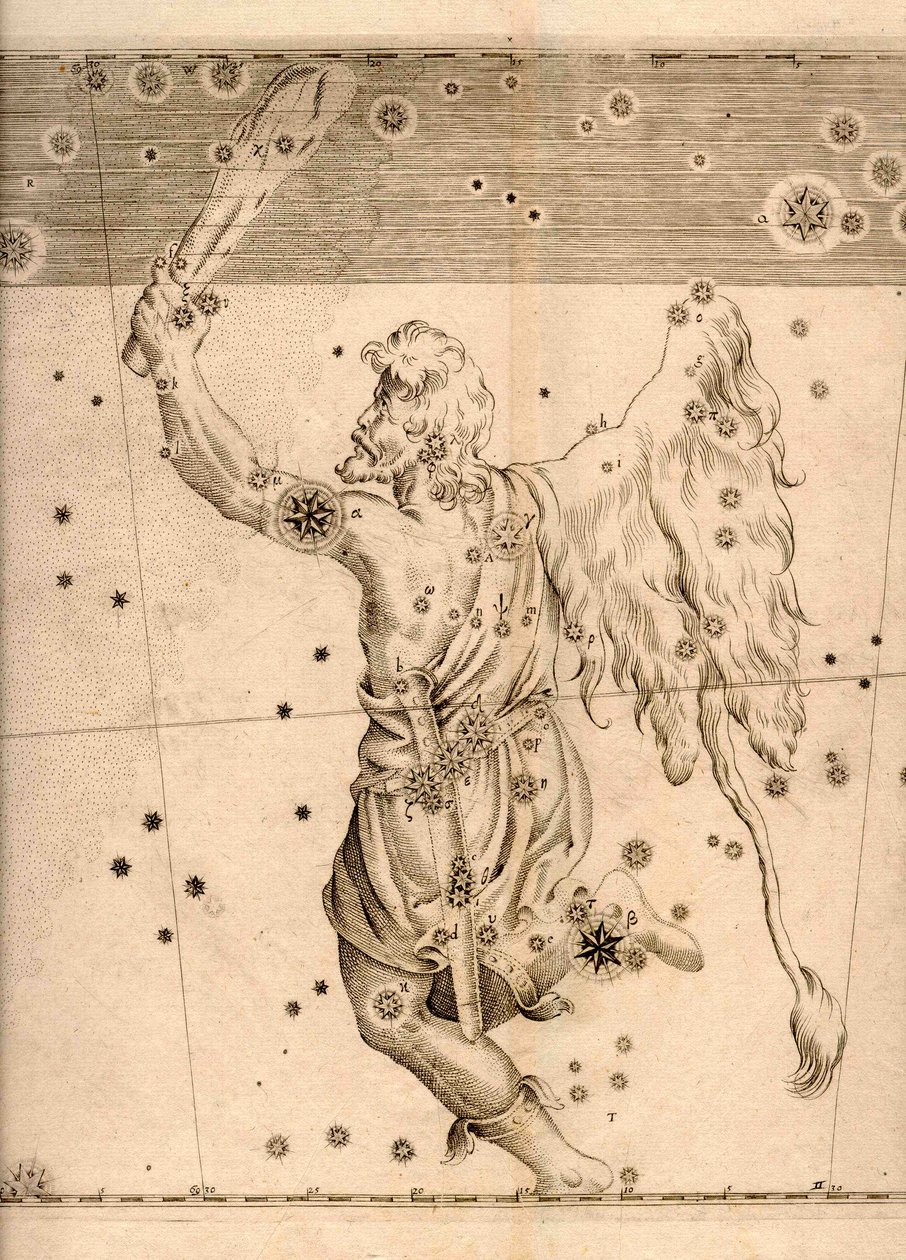 Uranometria (1661), amely az Orion csillagképet mutatja alkotó: Johann Bayer