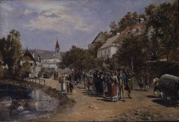 Felvonulás egy falusi utcában Ausztriában alkotó: Johann Hamza