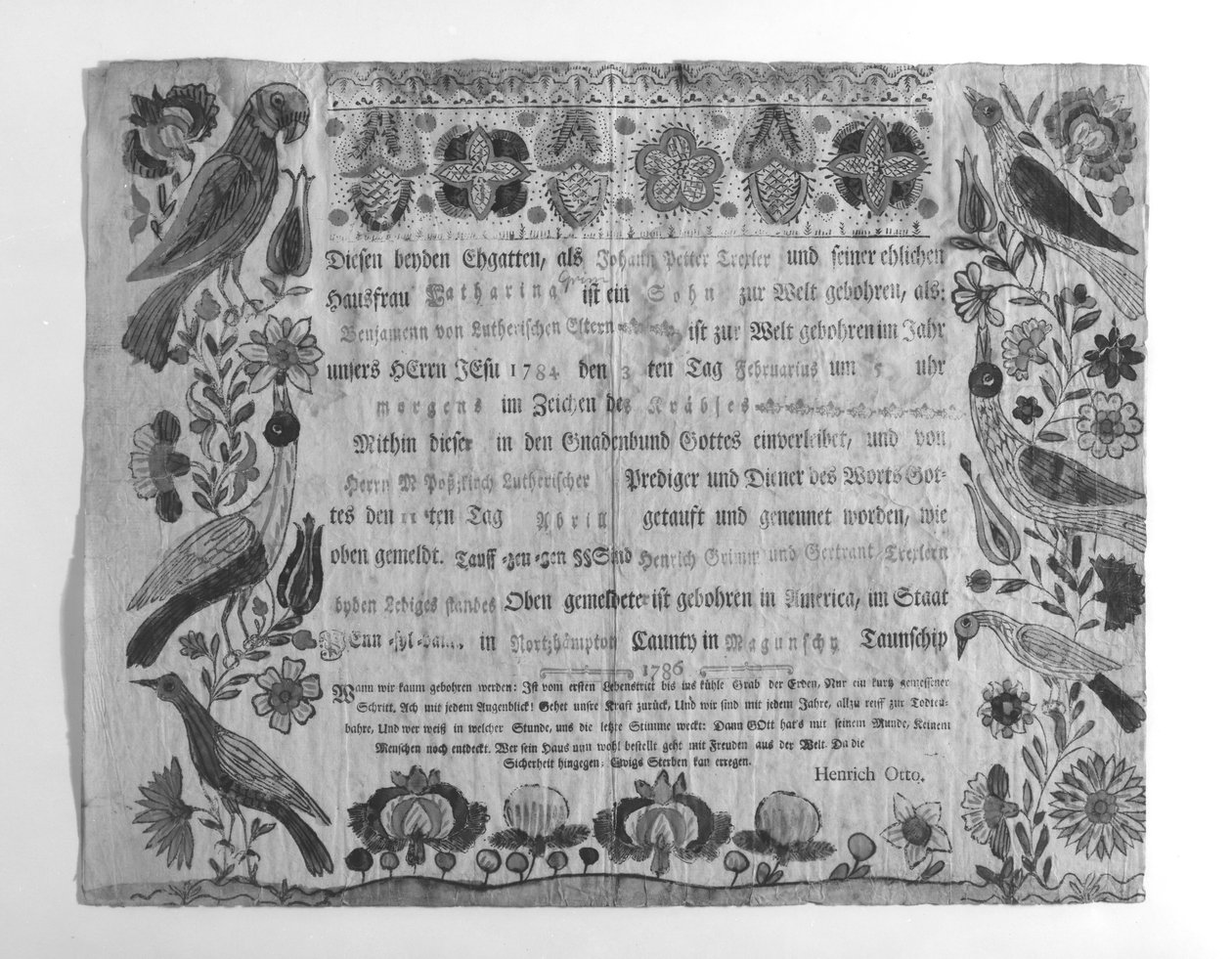 Születési és keresztelési anyakönyvi kivonat, 1786. alkotó: Johann Heinrich Otto
