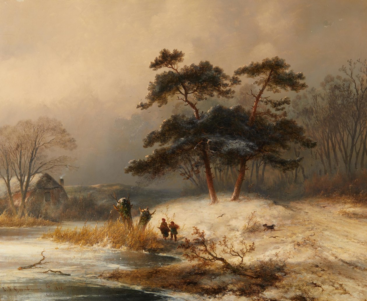 Johannes Franciscus Hoppenbrouwer ecsetgyűjtője a téli erdőben alkotó: Johannes Franciscus Hoppenbrouwers