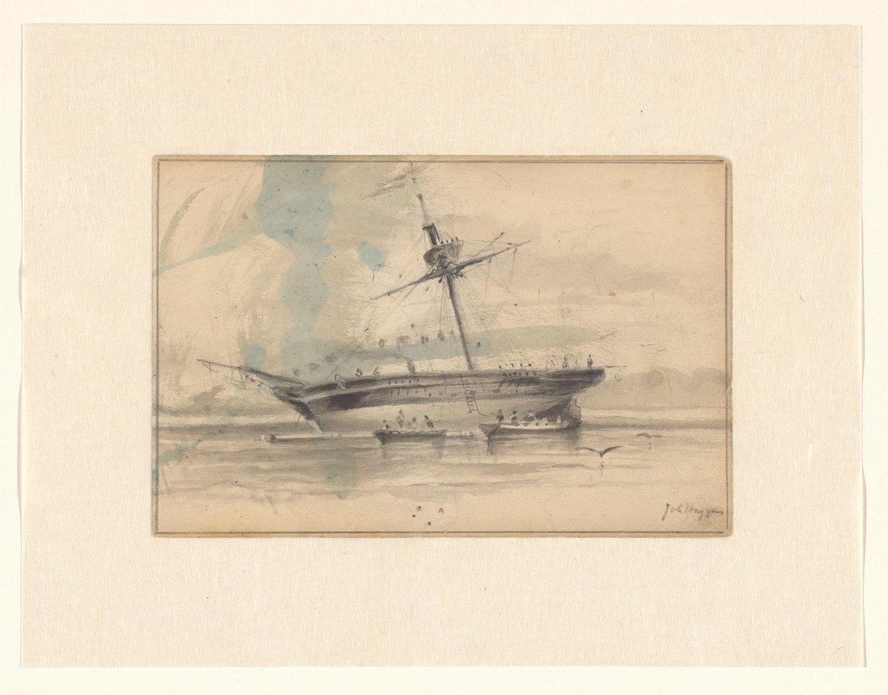 Vitorlás hajó két evezős csónakkal alkotó: Johannes Huygens (signed by artist)