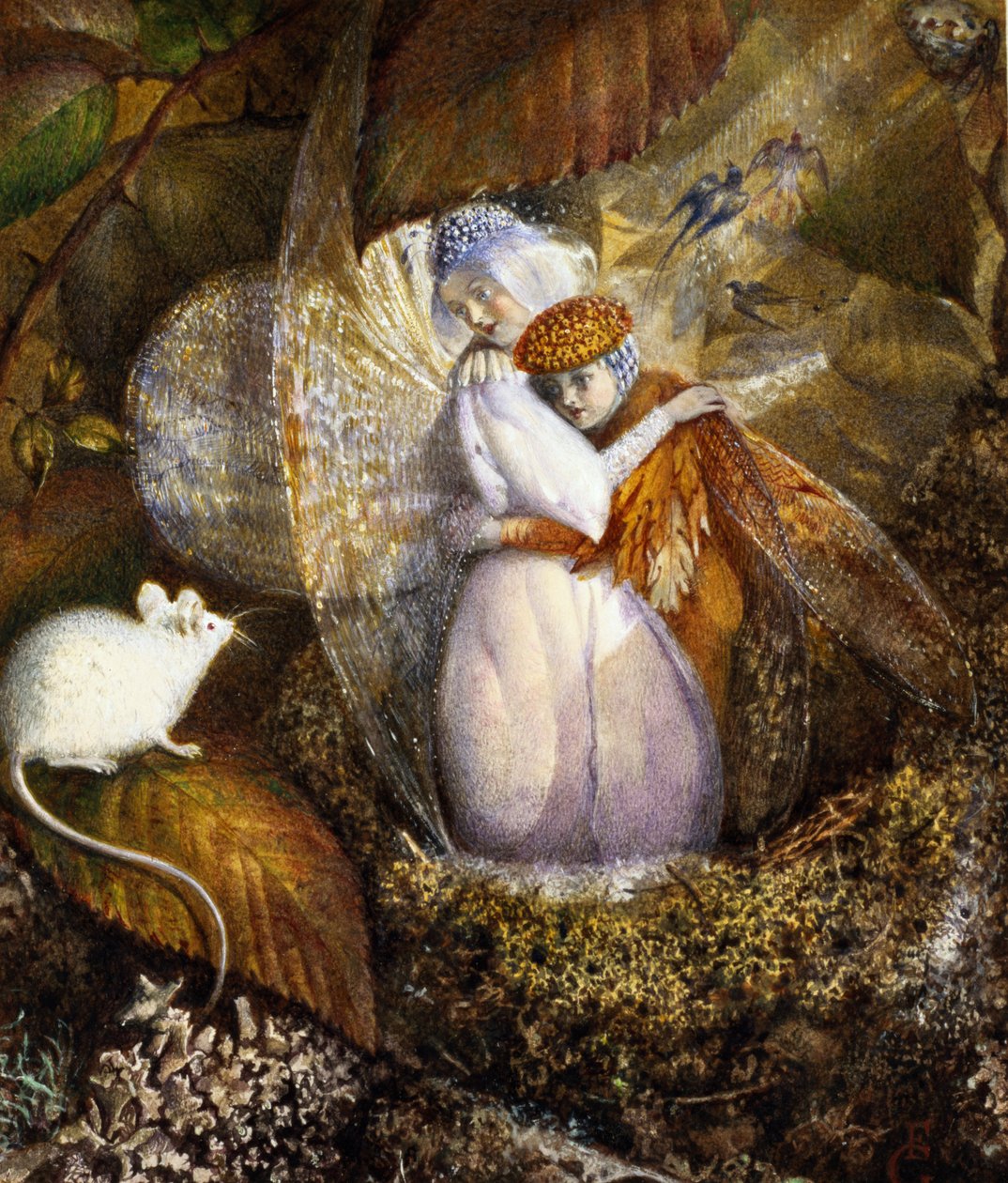 Tündérszerelmesek madárfészekben, fehér egeret néznek, 1860 körül (wc és testszín papíron) alkotó: John Anster Fitzgerald