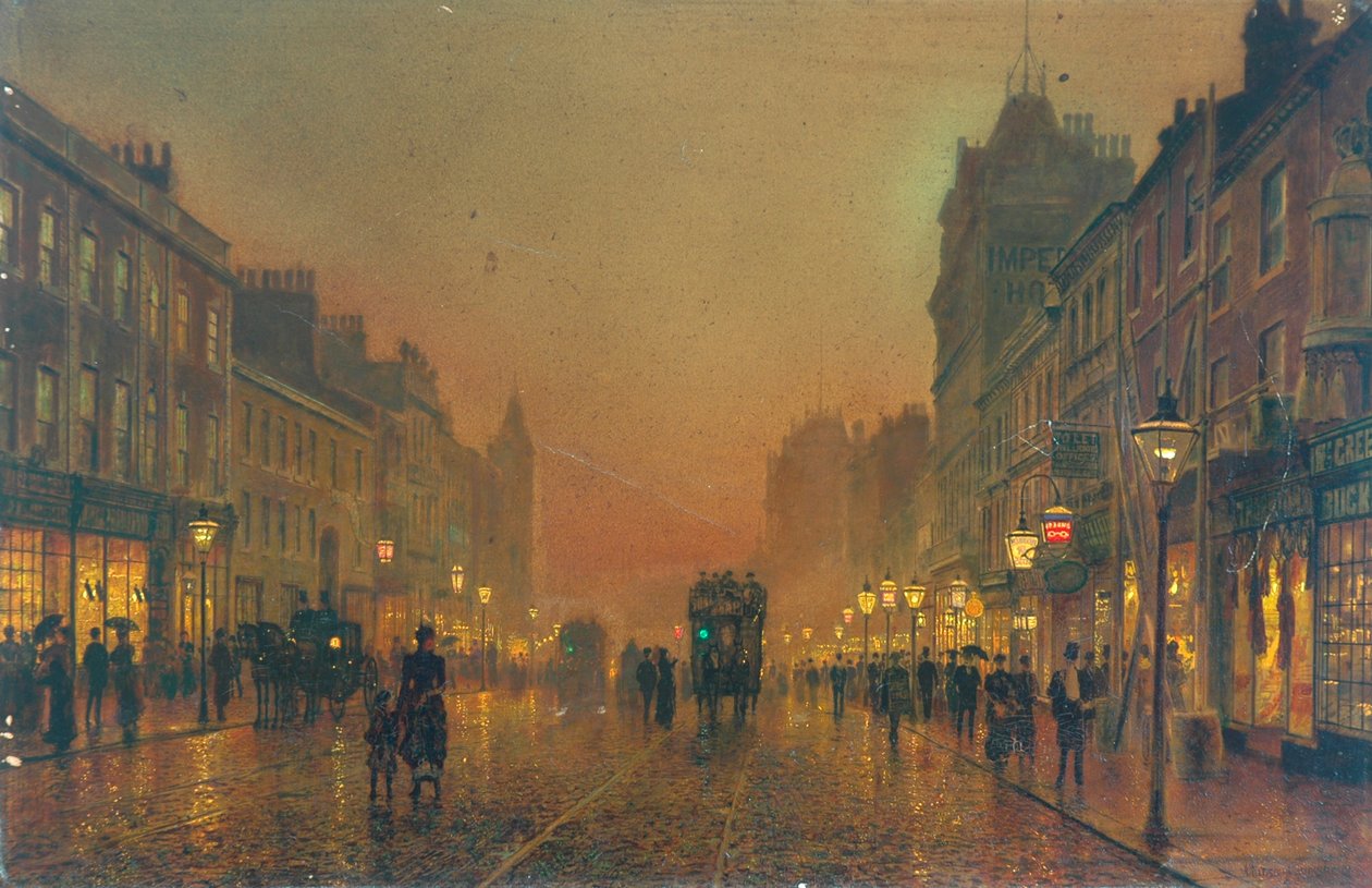 Briggate, Leeds, 1891 (olaj, papír, vászonra szerelve) alkotó: John Atkinson Grimshaw
