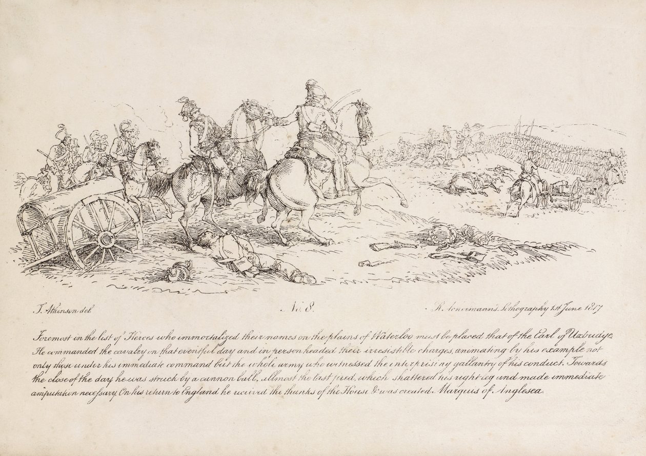 Uxbridge grófja, aki a lovasságot vezette a waterlooi csatában, jobb lábát éppen most találta el egy ágyúgolyó, R. Ackermann litográfiája, 1815 alkotó: John Augustus Atkinson