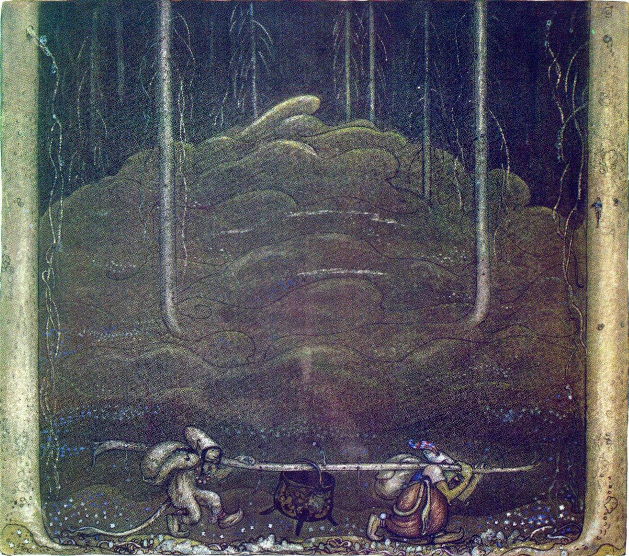 Amikor este lett, troll anya és a fiú kisurrant a hegyről. Egy boton vitték maguk között a trollok üstjét alkotó: John Bauer