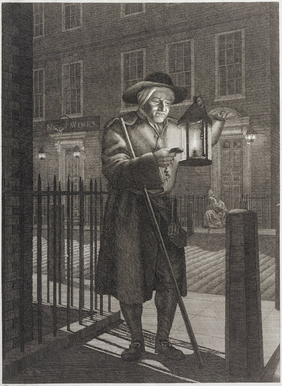 Londoni őr a lámpásával holdfényben, 1776 alkotó: John Bogle