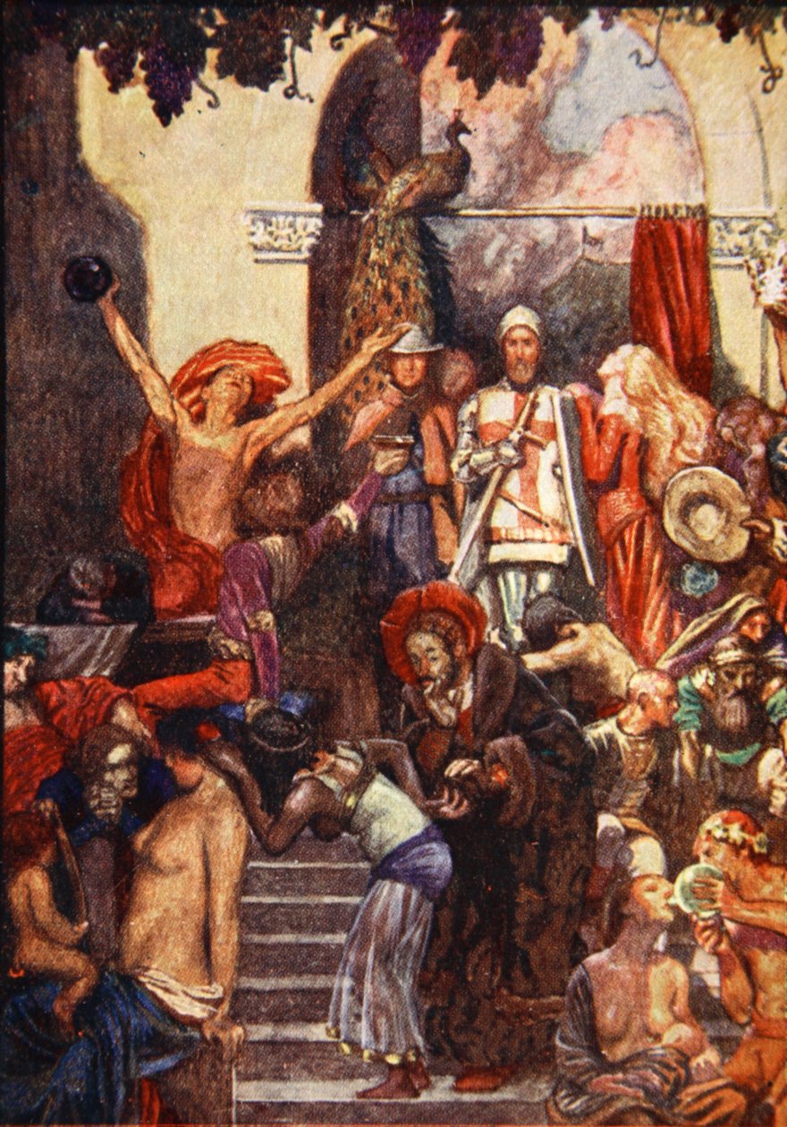 A városban tartottak egy vásárt, az úgynevezett Vanity Fair, illusztrációja John Bunyan „A zarándokok haladása” című könyvéből, Mary Macgregor mesélte, kiadó a T.C. és E.C. Jack, 1907 alkotó: John Byam Liston Shaw