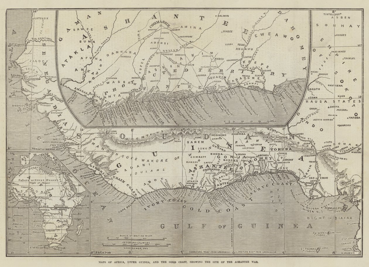 Afrika, Felső-Guinea és az Aranypart térképei, az Ashantee-háború helyszínének feltüntetésével alkotó: John Dower