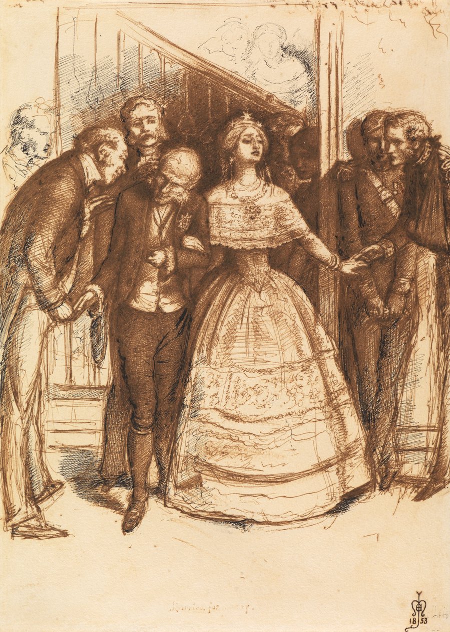 Házasság, 1853 (ceruza, toll és tinta papíron) alkotó: John Everett Millais