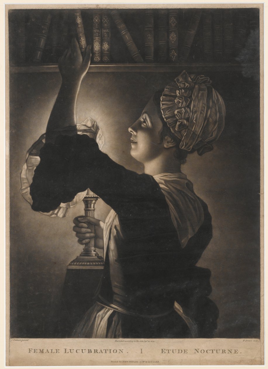 Female Lucubration, print készítette Philip Dawe, 1772 (mezzotint) alkotó: John Foldson
