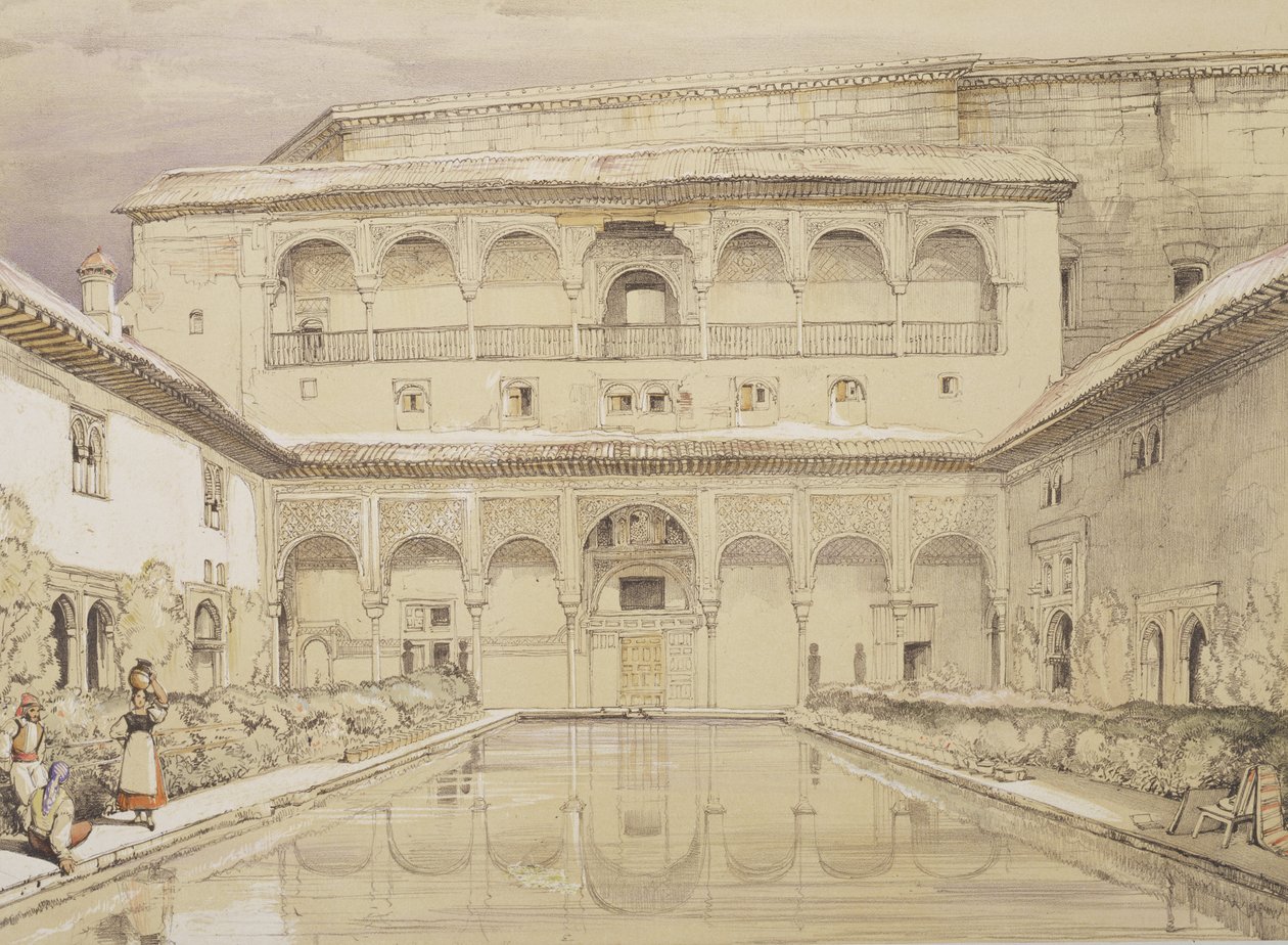 A mirtuszok udvara (Patio de los Arrayanes) és V. Károly palotája, az "Alhambra vázlatai és rajzai"-ból, metszet: James Duffield Harding (1798-1863), 1835. alkotó: John Frederick Lewis