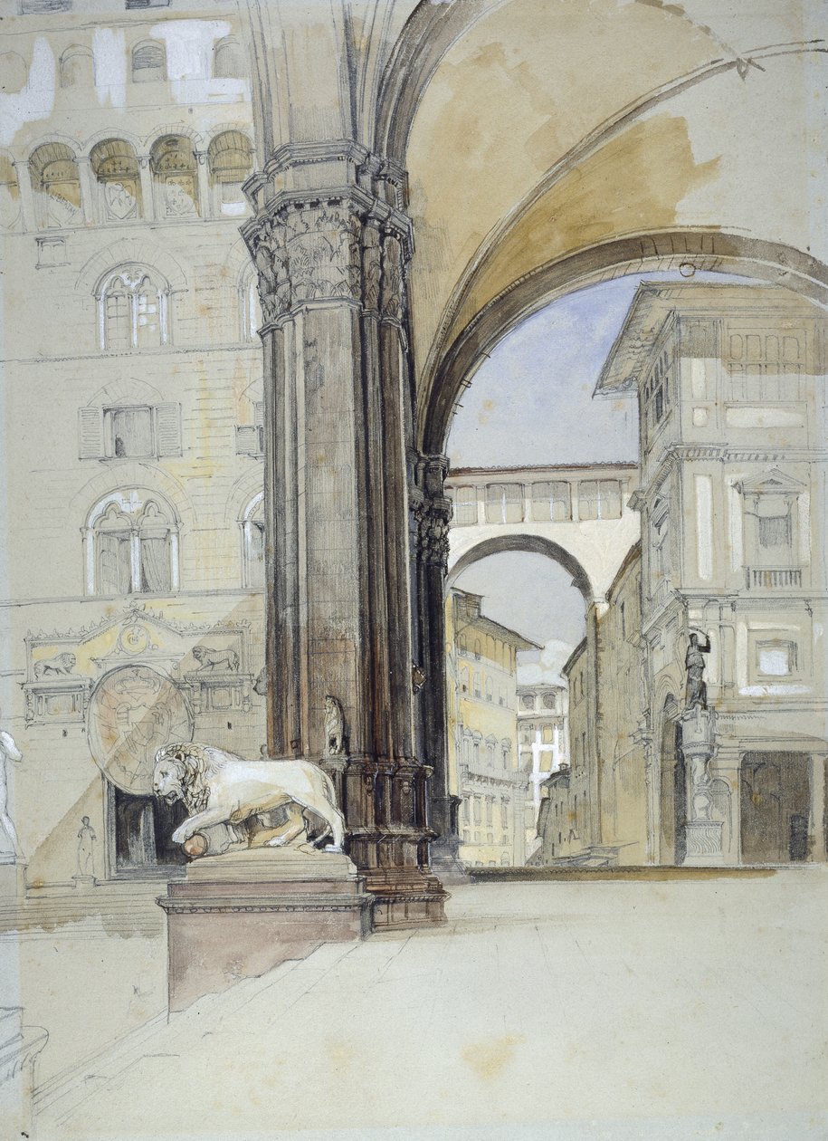 Firenze: A Palazzo Vecchio és az Uffizi (akvarell fekete krétával, tollal és barna tintával halványzöld papíron) alkotó: John Frederick Lewis