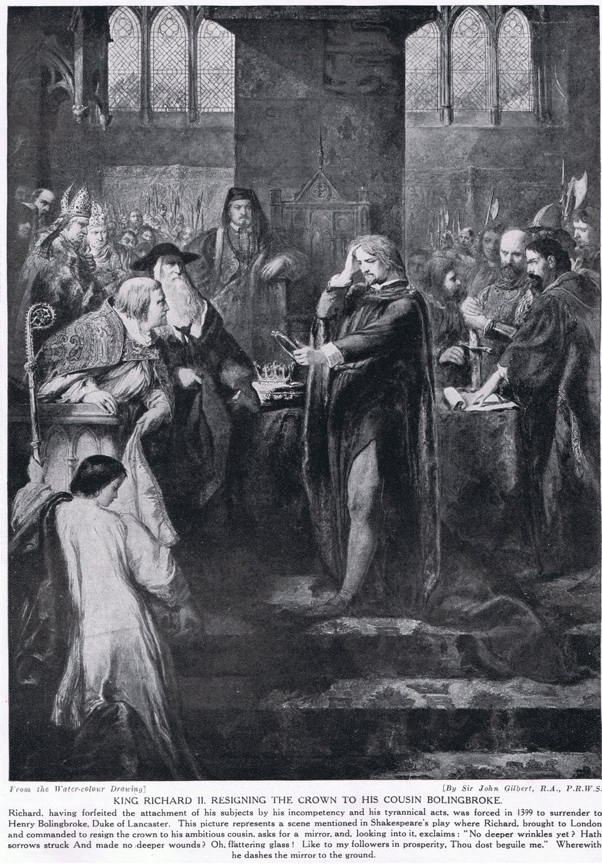 II. Richárd király lemond a koronáról unokatestvérének, Bolingbroke-nak, illusztráció a „Hutchinson