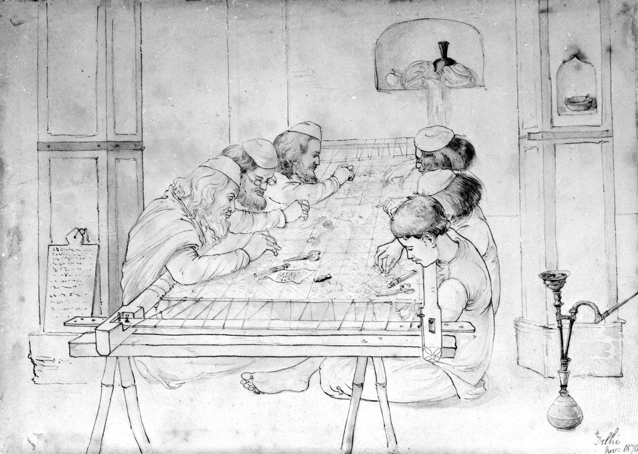 Hímzőkeretnél dolgozó férfiak, 1870 (ceruza, toll és mosás papíron) alkotó: John Lockwood Kipling
