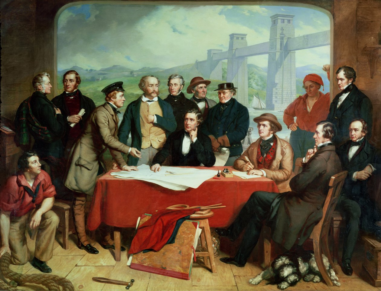 Mérnökök Konferenciája a Britannia Bridge-nél, 1850 körül alkotó: John Lucas
