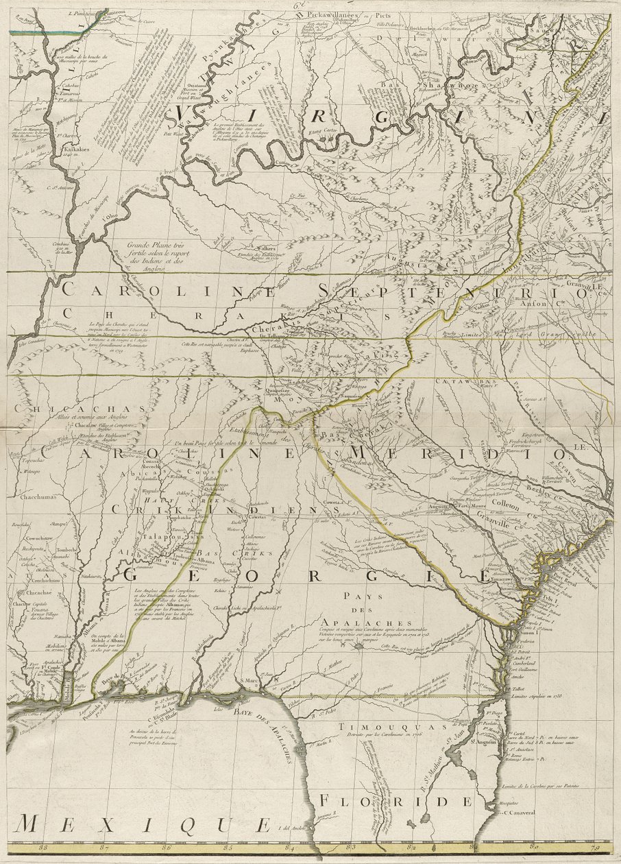 Az amerikai brit és francia uradalmak térképe, 1756 (metszet körvonalszínnel papíron) alkotó: John Mitchell