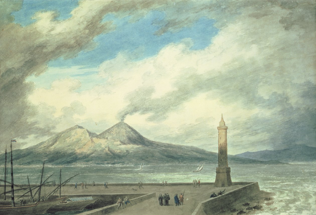 A Vezúv és a Somma a nápolyi mólóról, 18. század (akvarell, papír) alkotó: John Robert Cozens