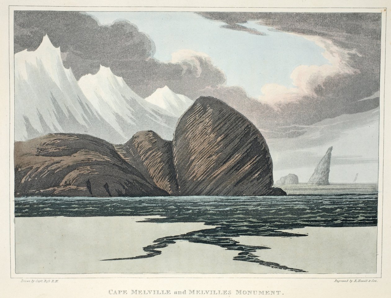 A Melville-fok és a Melville-emlékmű, illusztráció az "A Voyage of discovery..." című, 1819-es könyvből (kézzel színezett metszet). alkotó: John Ross