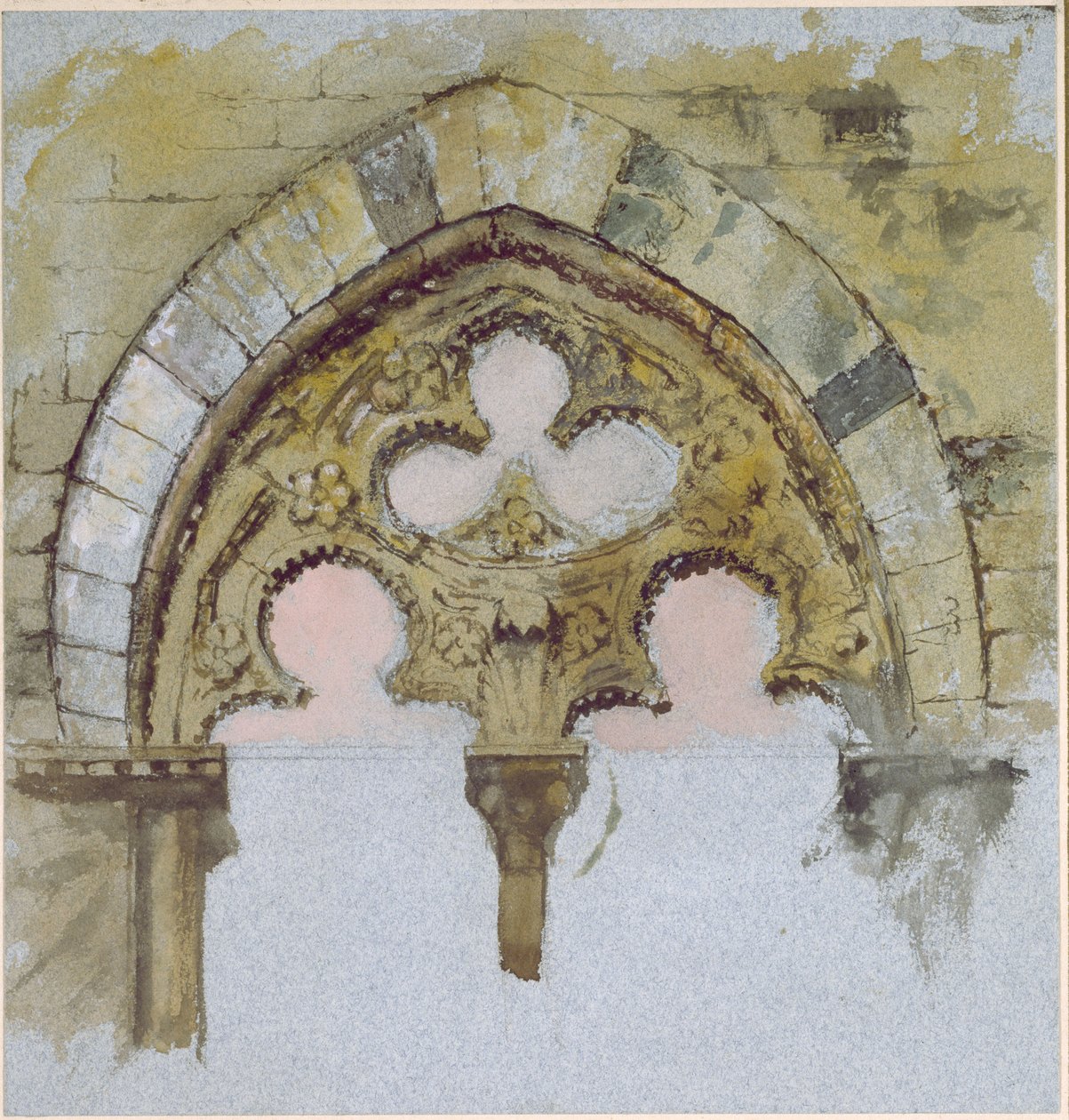 A Palazzo Tolomei ablaka, Siena, a tömeges kövek durva és aszimmetrikus elhelyezését mutatja be, 1870. június 25-27 (akvarell és testfesték grafit felett, kék szőtt papíron) alkotó: John Ruskin