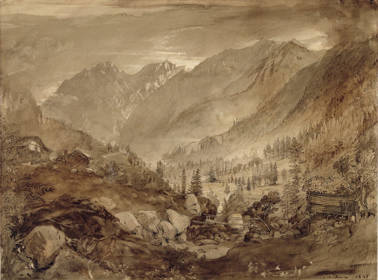 Hegyi táj, Macugnaga, 1845 (toll és barna tinta és ceruza mosása papíron) alkotó: John Ruskin