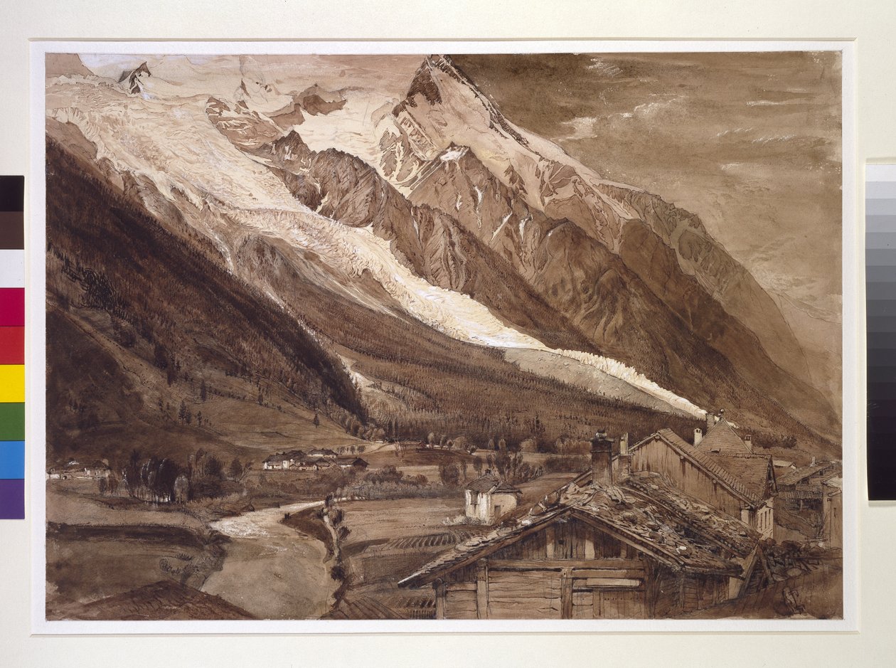 Recto: The Glacier des Bossons, Chamonix, 1849. június (toll és mosás szépia tintával, testszín, grafiton, szőtt papíron) alkotó: John Ruskin