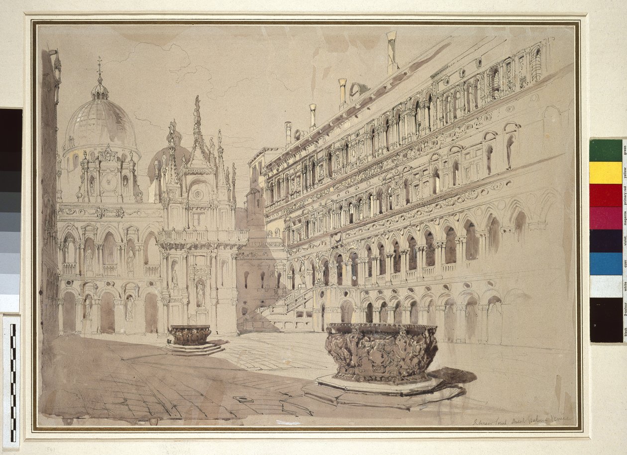 A hercegi palota udvara, Velence, 1841. május (grafit, akvarell, testfesték és toll és tinta halványszürke szőtt papíron) alkotó: John Ruskin