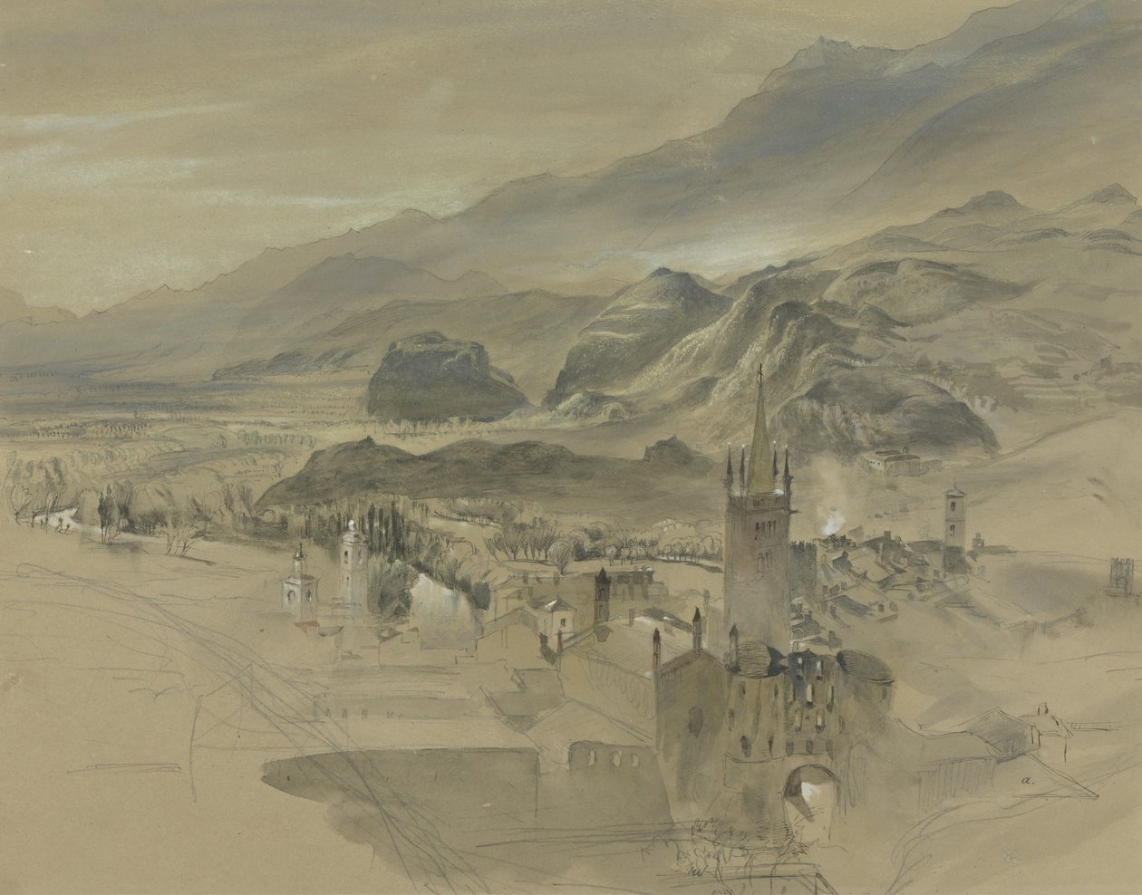 d Kilátás a Valais állambeli Sionra a Chateau de Valere-ből, 1863 körül (wc és testszín grafit felett, papíron) alkotó: John Ruskin
