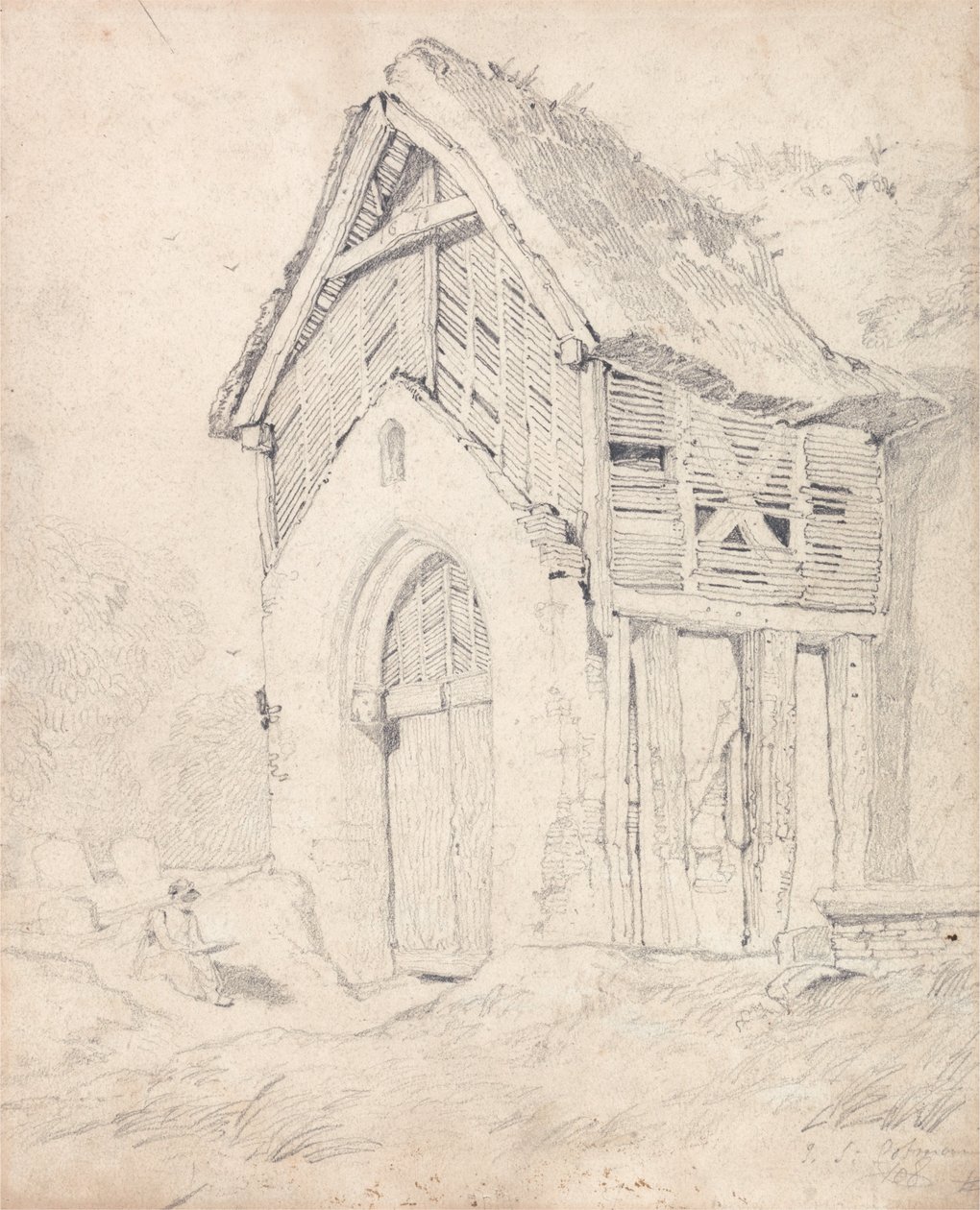 A tornác és a harangláb a Thurgarton -templomban, Norfolk alkotó: John Sell Cotman