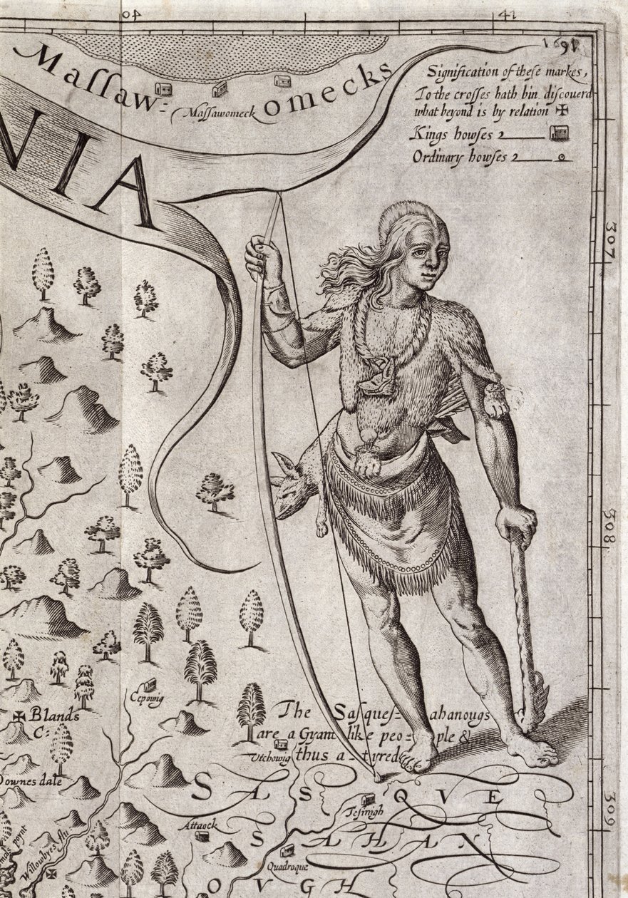 Susquehannock harcos, részlet Virginia térképéről, vésette William Hole (fl. 1607-24), megjelent 1612-ben (lásd: 174211) alkotó: John Smith 2