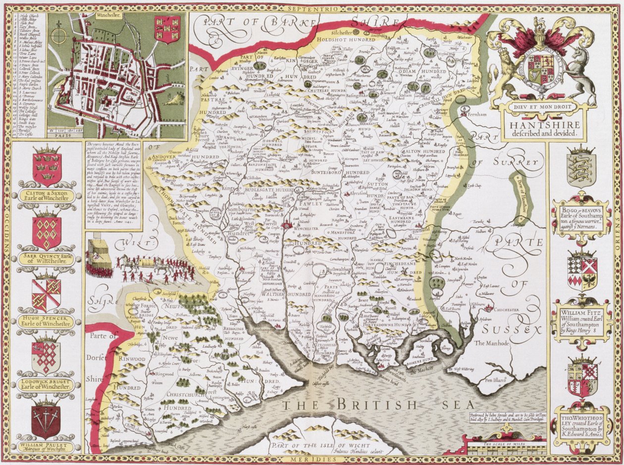 Hantshire, Jodocus Hondius (1563-1612) metszete John Speed „Theatre of the Empire of the Great Britain” című kocsmájából. John Sudbury és George Humble, 1611-12 (kézzel színezett rézmetszet) alkotó: John Speed