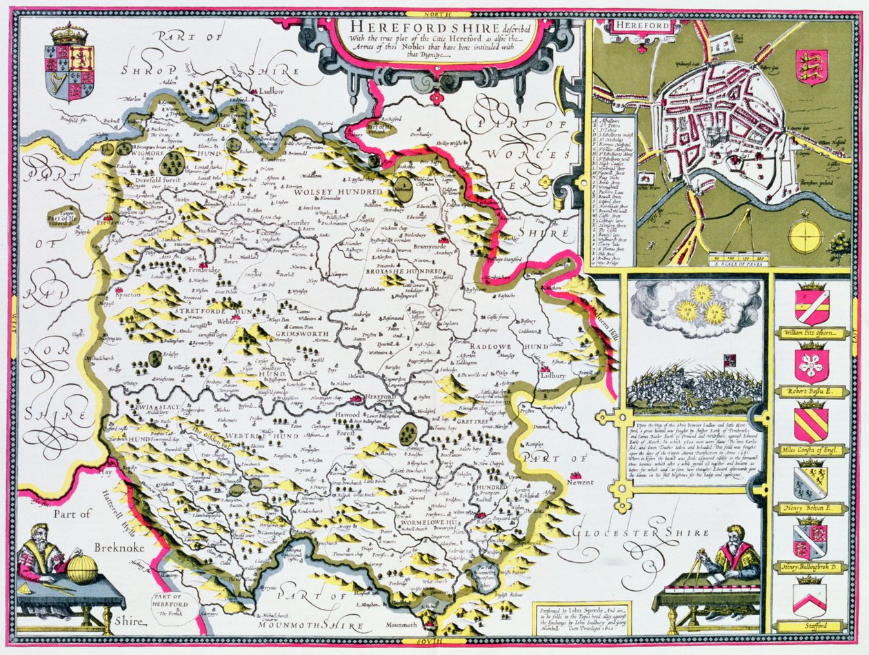 Herefordshire, Jodocus Hondius (1563-1612) metszete, John Speed „Theatre of the Empire of the Great Britain”, kocsma. John Sudbury és George Humble, 1611-12 (kézzel színezett rézmetszet) alkotó: John Speed