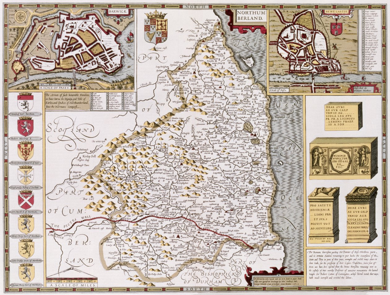 Northumberland, Jodocus Hondius (1563-1612) metszete, John Speed „Theatre of the Empire of the Great Britain”, kocsma. John Sudbury és George Humble, 1611-12 (kézzel színezett rézmetszet) alkotó: John Speed