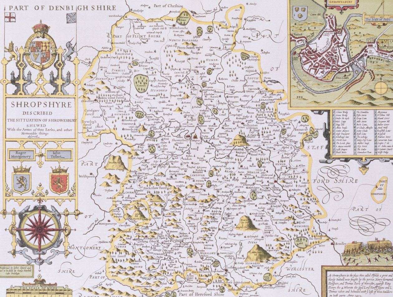 Shropshyre, Jodocus Hondius (1563-1612) metszete John Speed "Theatre of the Empire of Great Britain" című művéből, kiadó: John Sudbury és George Humble, 1611-12 (kézzel színezett rézmetszet). alkotó: John Speed
