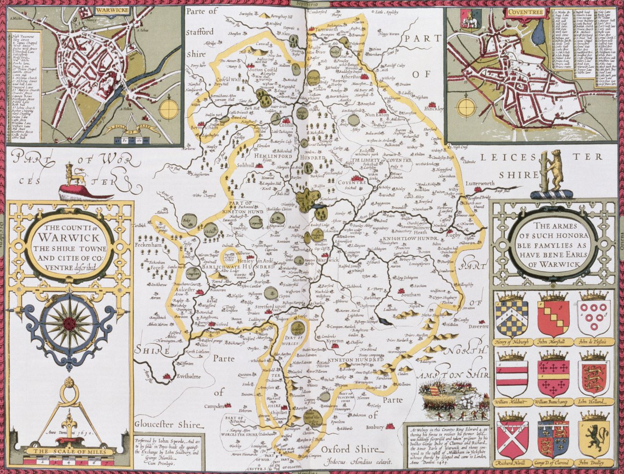 Warwick megye, Shire Town és Coventry városa, amelyet Jodocus Hondius (1563-1612) metszett John Speed „Theatre of the Empire of the Great Britain” kocsmájából. írta: John Sudbury és George Humb alkotó: John Speed