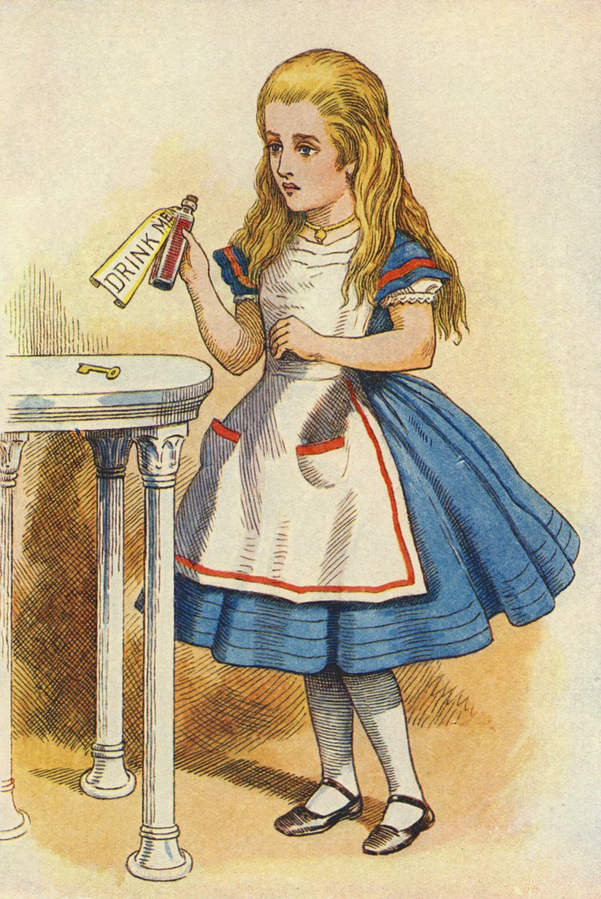 Alice felfedez egy üveget, amelyen a „Drink Me” felirat látható (színes gravírozás) alkotó: John Tenniel