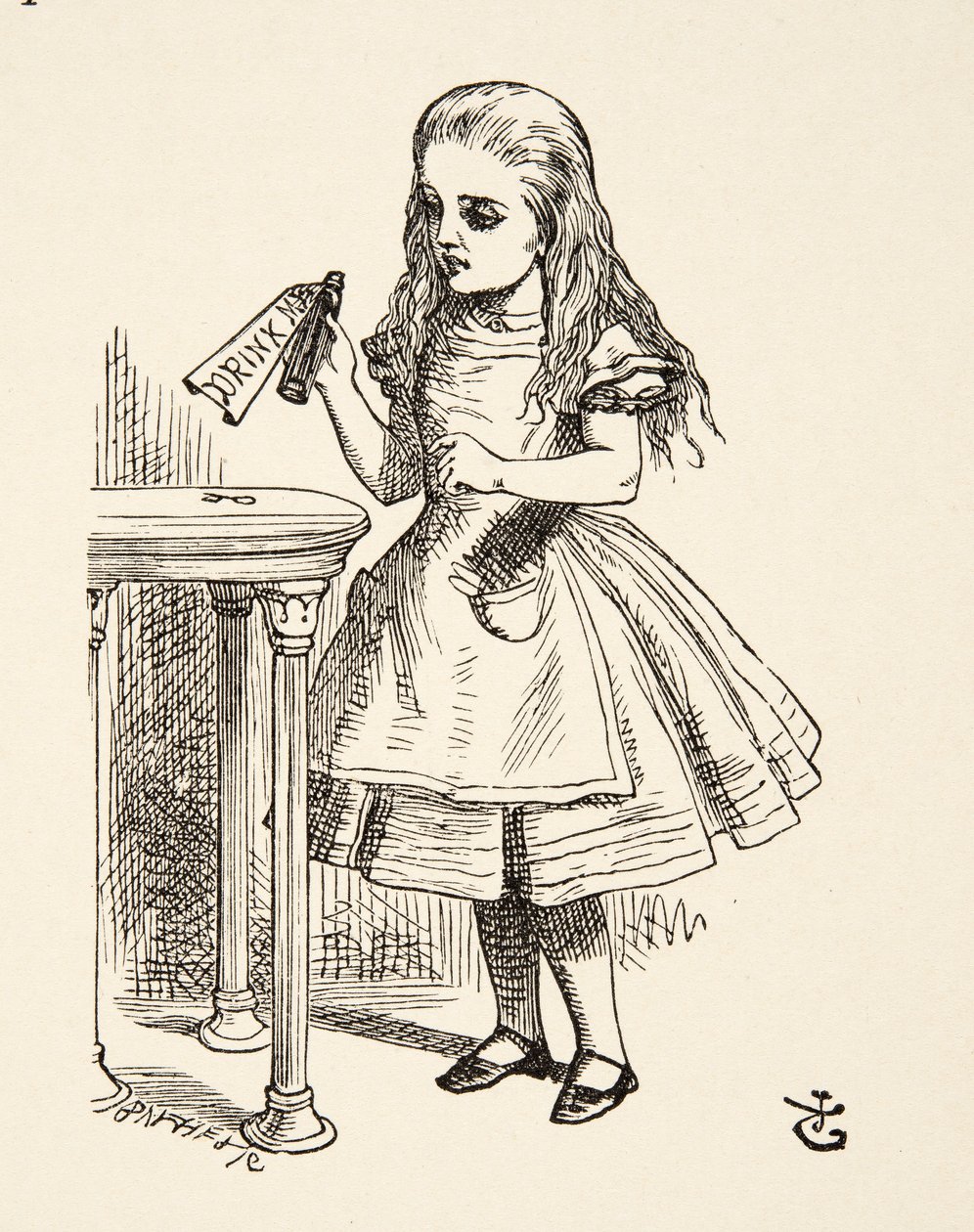 Alice a Drink Me palackot nézi, Lewis Carroll (1832 - 98) Alices Adventures in Wonderland című művéből, kiad. 1891 alkotó: John Tenniel