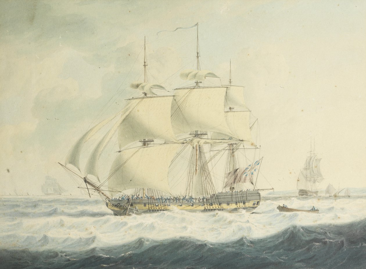 H.M.S. Ez hullámzó körülmények között fut le a Csatornán csökkent vitorlával, más szállítmányozás a közelben alkotó: John Thomas Serres