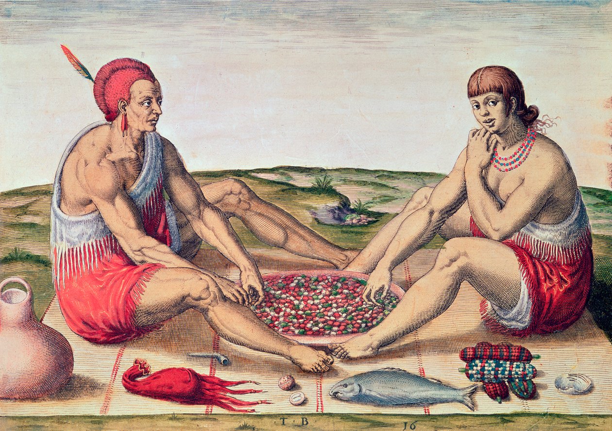 Indiaiak étkezés közben, 77. oldal az „Admiranda Narratio...”-ból, Theodore de Bry (1528-98) 1585-88. alkotó: John White