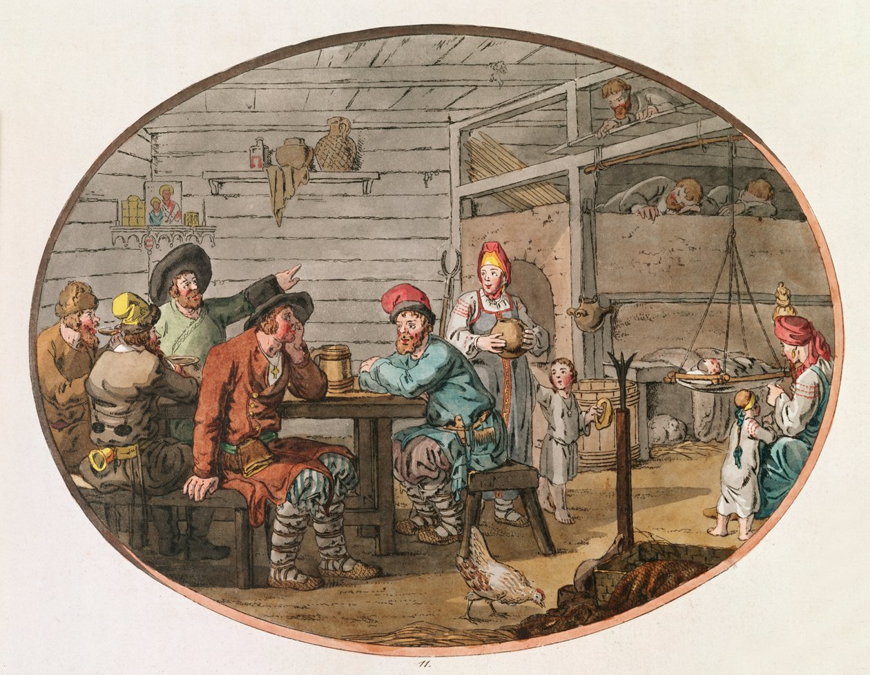 Orosz parasztkunyhó, 1798 (kézi színezett metszet) alkotó: John Augustus Atkinson