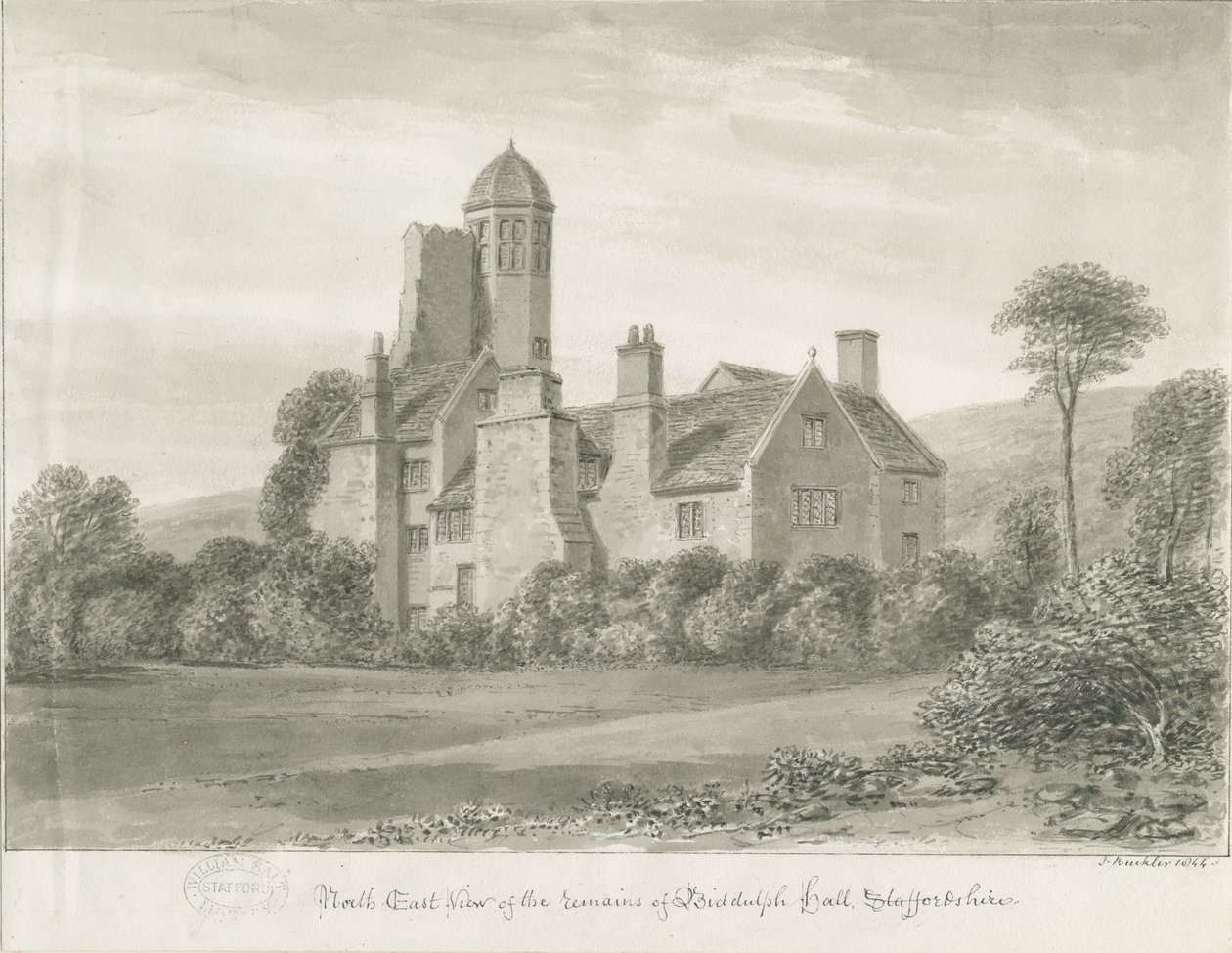 Biddulph Hall (régi): szépia rajz alkotó: John Buckler