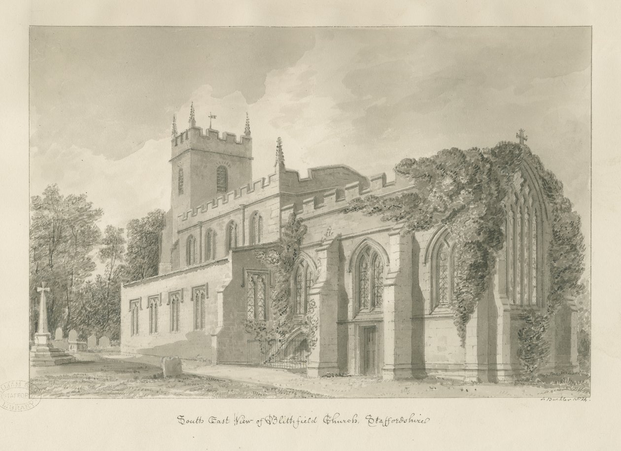 Blithfield templom: szépia rajz alkotó: John Buckler