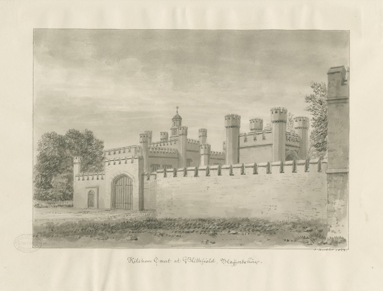 Blithfield Hall - Konyhaudvar: szépia rajz alkotó: John Buckler