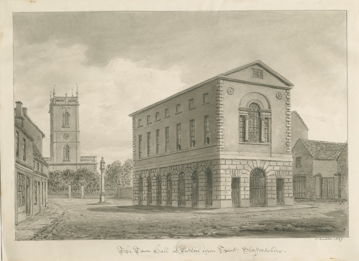 Burton-upon-Trent – Városháza: szépia rajz alkotó: John Buckler
